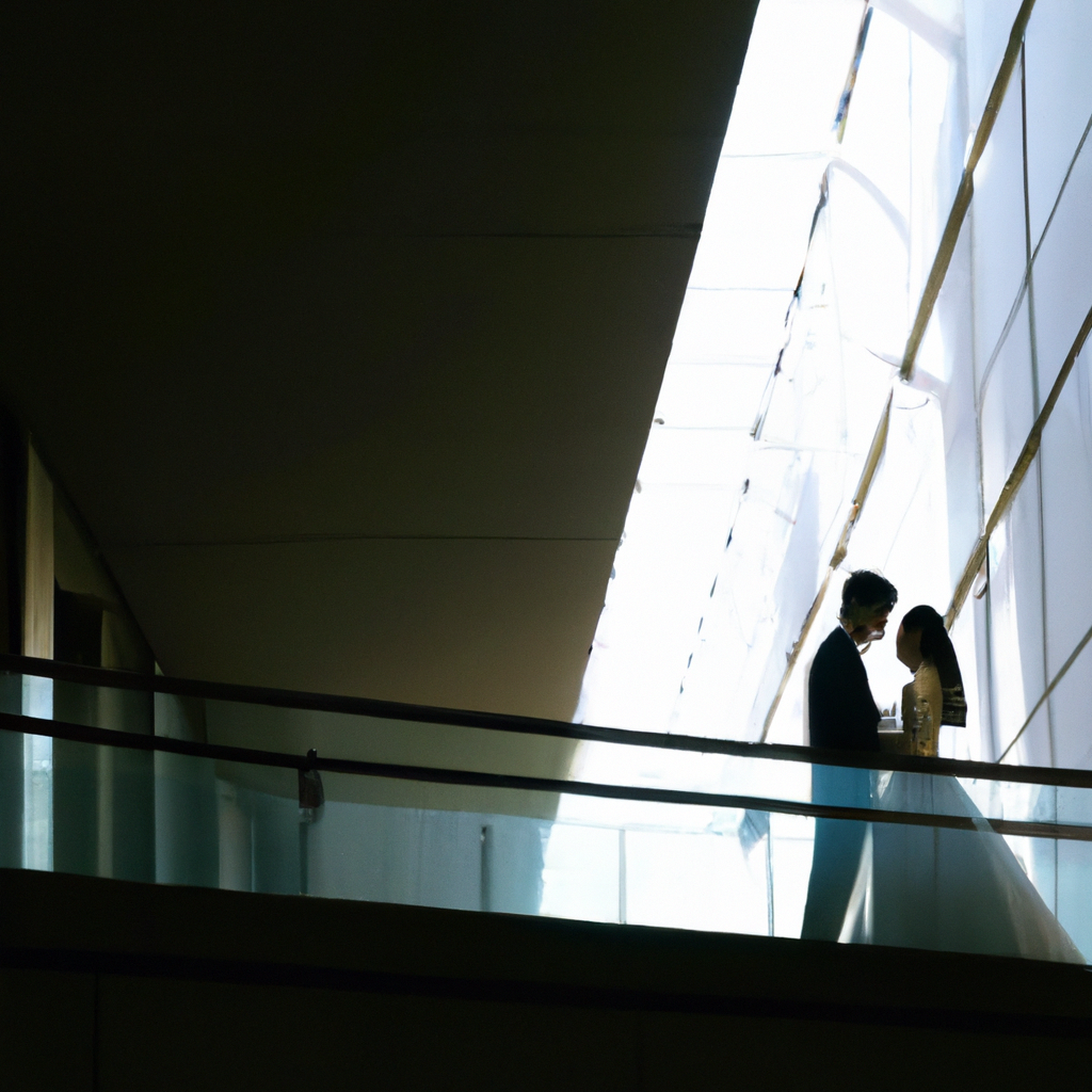 ウェディング作例：東京のミニマル建築を背景に、やわらかな逆光で捉えた新郎新婦の自然な瞬間（生成画像）